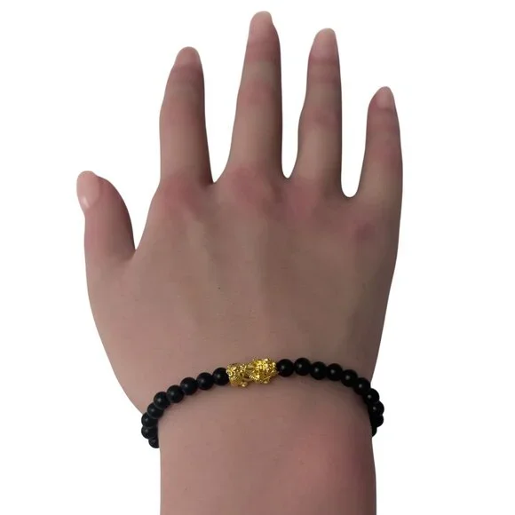 18K Gold Pixiu Piyao Bracelet Mini Gemstones Matte Onyx 4mm Elastic Bracelet - Picture 6 of 6
